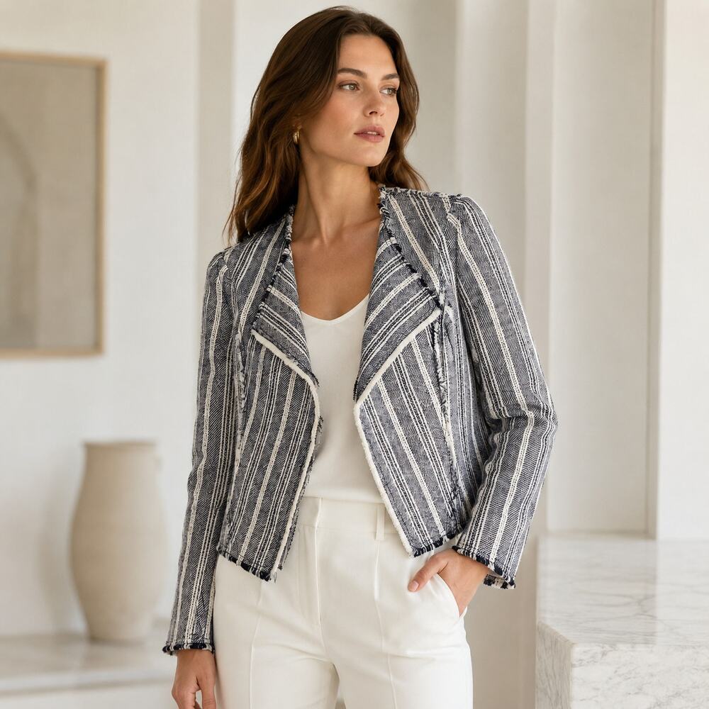 Derek Lam Striped Blazer Jacket 6 Small Blue White Open Cropped Frayed Edge